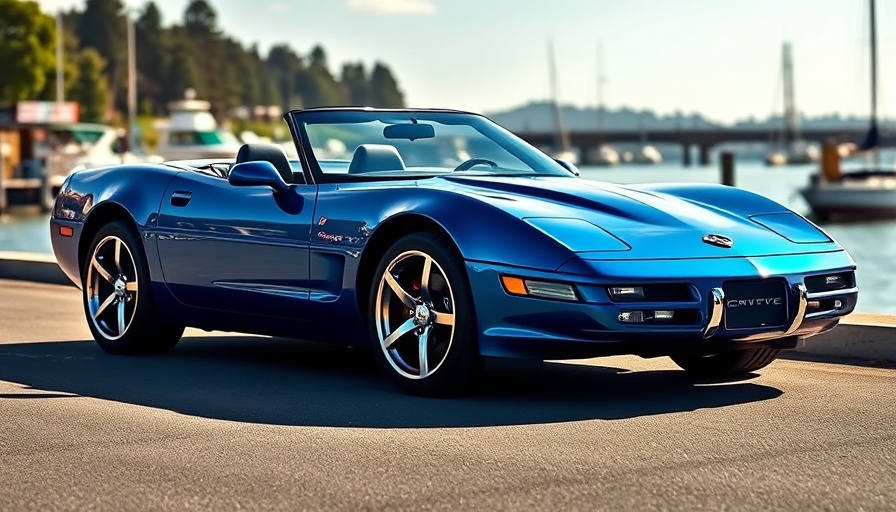Sleek blue Corvette E-Ray with unique wheels by the waterfront.