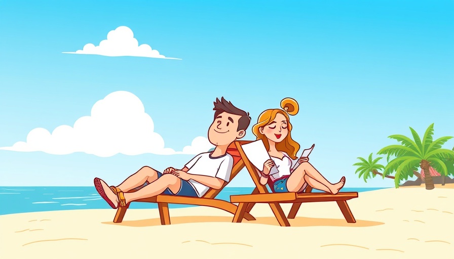 Cartoon beach scene with couple on vacation, Corvette emotional connection.
