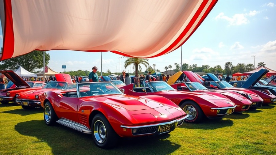 Vibrant classic Corvettes at a car enthusiast gathering under an American flag.