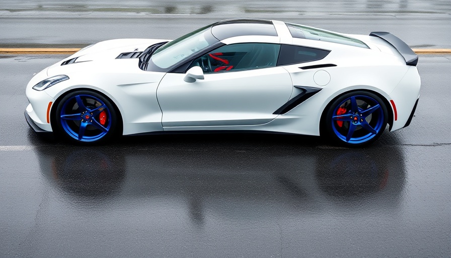 Sleek Corvette with blue custom wheels on wet asphalt.
