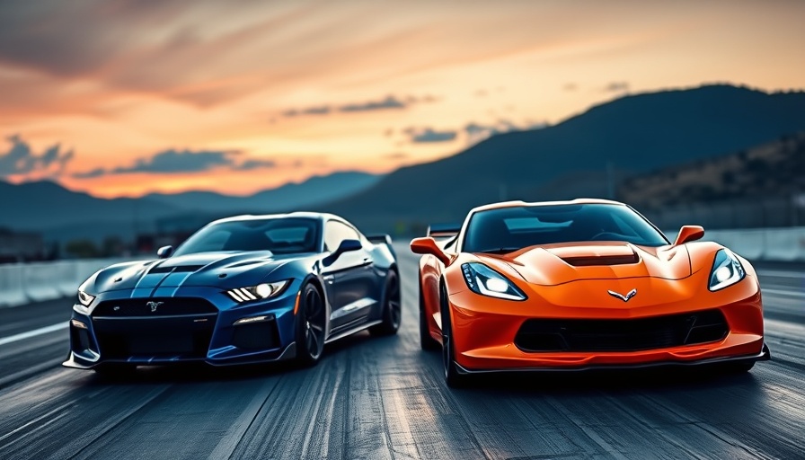 C8 Corvette vs Shelby GT500 at dusk on race track, dynamic drag race scene.