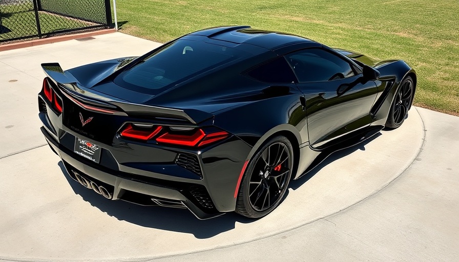 Glossy black C8 Corvette Z06 with performance mods in sunny driveway.