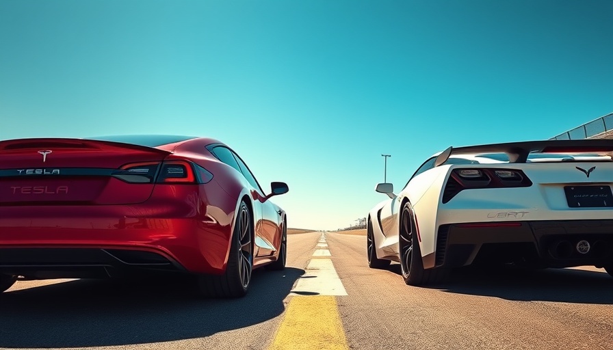 Chevrolet Corvette ZR1 vs Tesla Plaid on race track under blue sky.