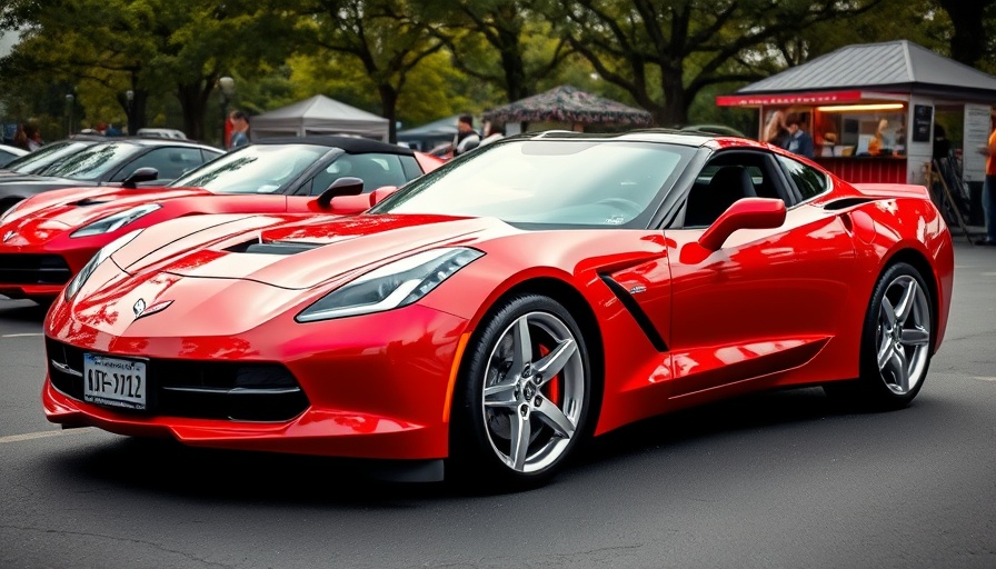 Red Corvette at car show highlighting insurance benefits.