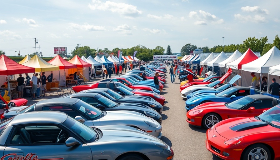 Corvettes at Carlisle event showing colorful cars and display tents.