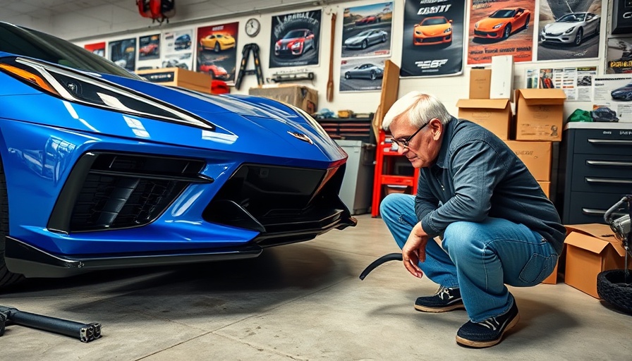 Older man installing front splitter on C8 Corvette in garage.