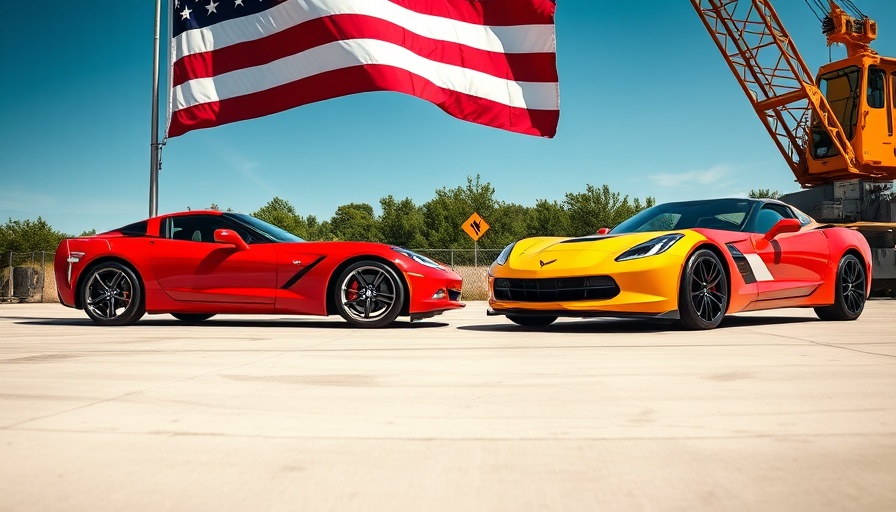Corvettes parked under a large American flag, showcasing Corvette ownership.