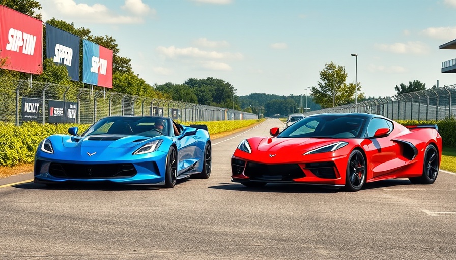 A red C8 Corvette and blue Viper V10 at a raceway event.