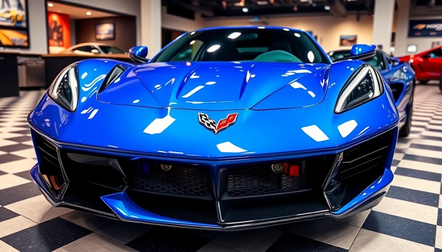 Vibrant blue C8 Corvette with custom fender badge in showroom.