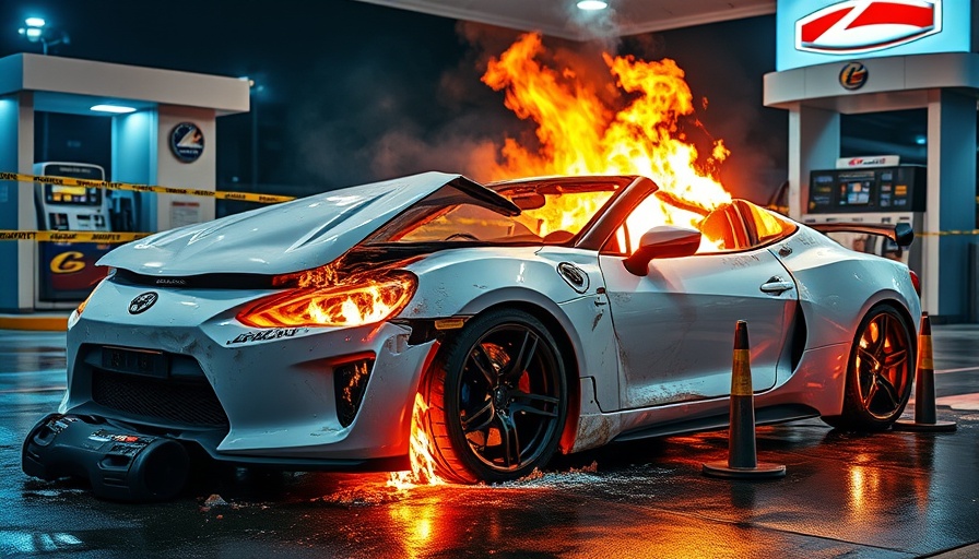 Damaged C8 Corvette Z06 ZR1 after fire incident at gas station.