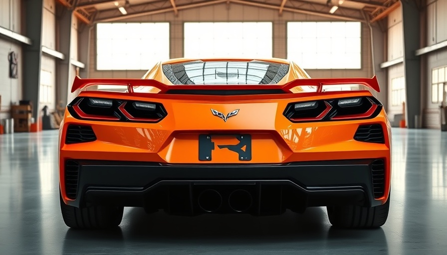 2026 Corvette ZR1 giveaway promo, vibrant orange sports car in warehouse.