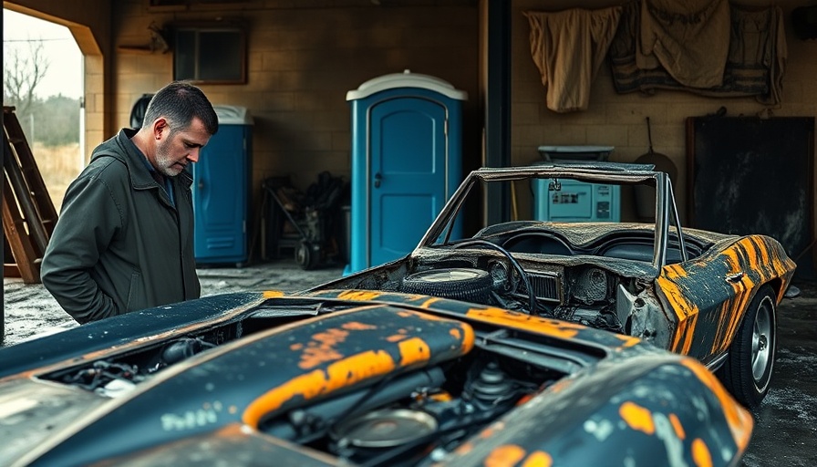 Fire-damaged 1967 Corvette outside a burned garage, two men inspecting.