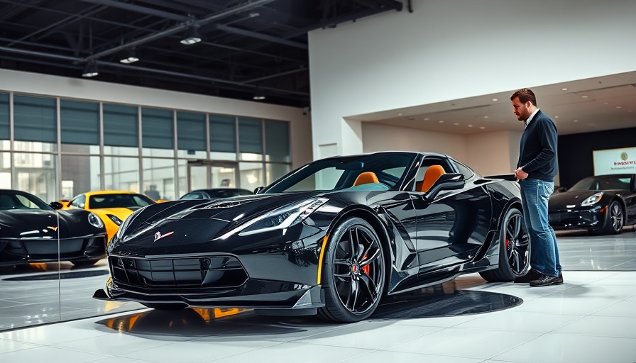 2026 Corvette in showroom with new colors and a man observing.