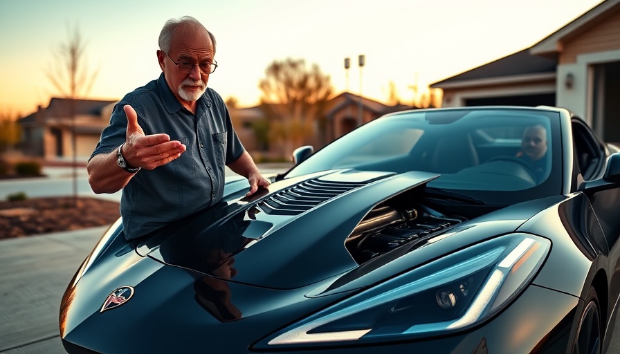 Older man displaying custom C8 Corvette engine cover in driveway.