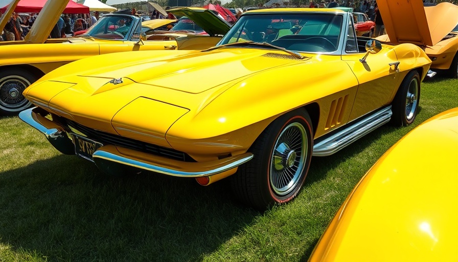 Yellow Baldwin-Motion Corvette at car show, vibrant display.