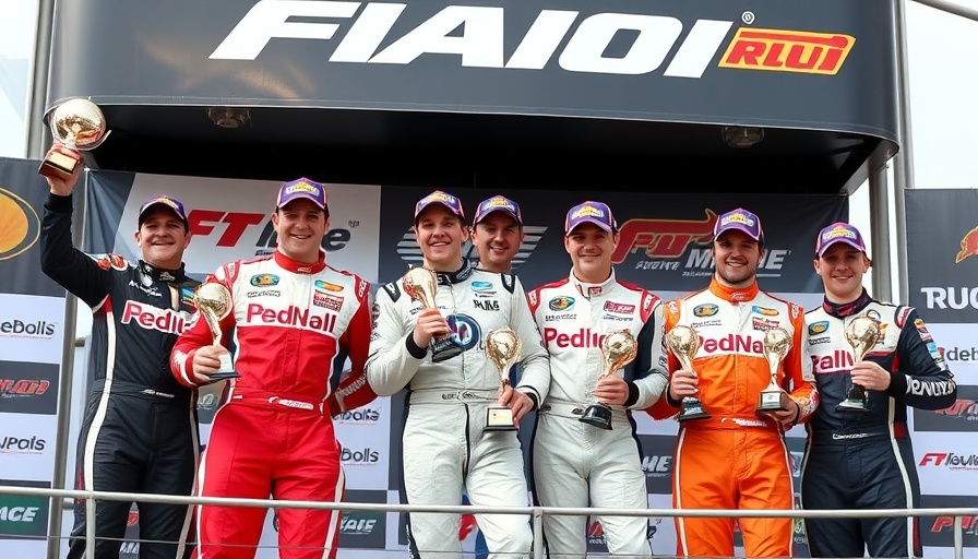 Corvette Racing team celebrates victory on podium with trophies.