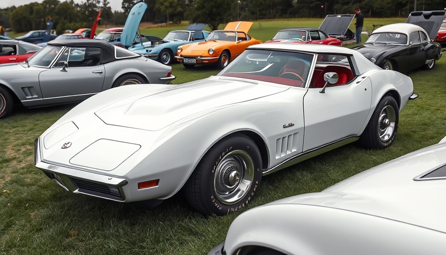 Vintage C3 Corvette in a car exhibition under overcast skies.