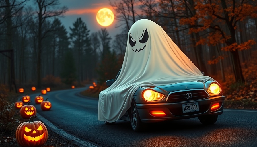 Cartoon ghost car at Haunted Horsepower event with pumpkins.