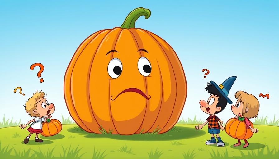 Humorous cartoon with oversized pumpkin and puzzled characters