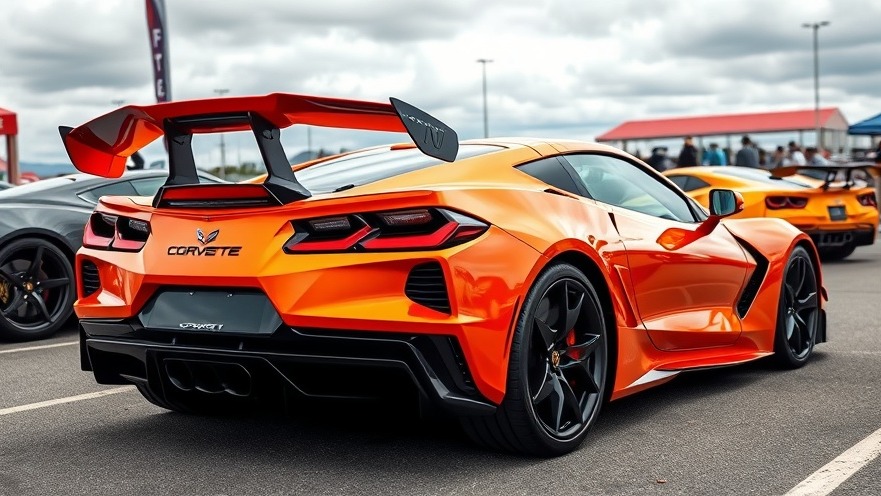 Shiny orange 2025 Corvette ZR1 at outdoor car event, showcasing luxury sports cars.