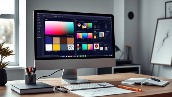 AI-driven web design setup with computer and design tools.