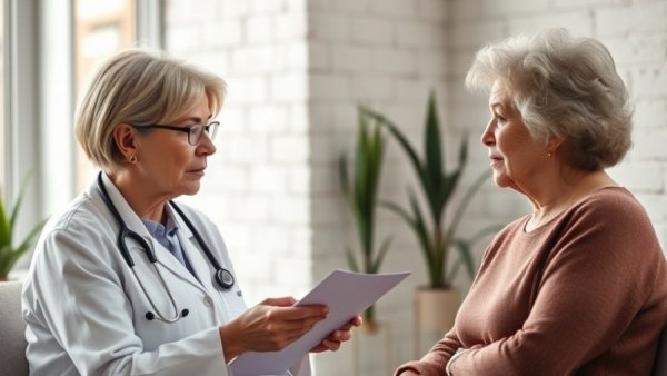 Doctor consulting patient in early access program, modern office setting.