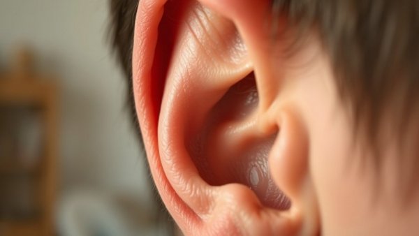 Detailed close-up of an ear, illustrating home hearing tests.
