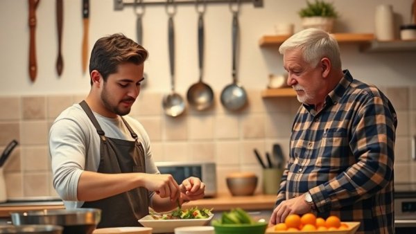 Young man assisting elder in kitchen, live-in care.