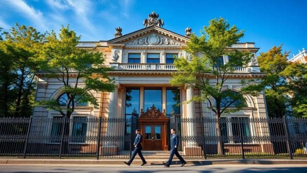 Russia sues Euroclear over frozen assets, dramatic bank image.