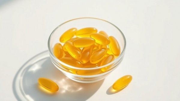 Fish oil capsules in glass bowl on white background, highlighting benefits of paternal supplementation with fish oil.