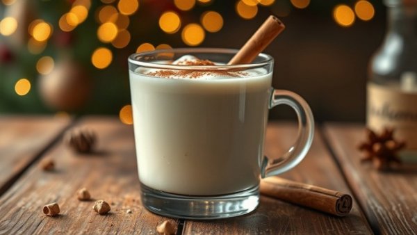 Creamy pistachio coquito with cinnamon garnish on a festive table.