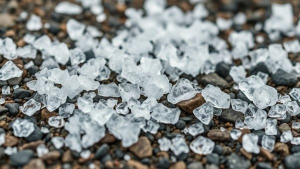 Scattered hailstones on a rocky surface showcasing natural shapes.