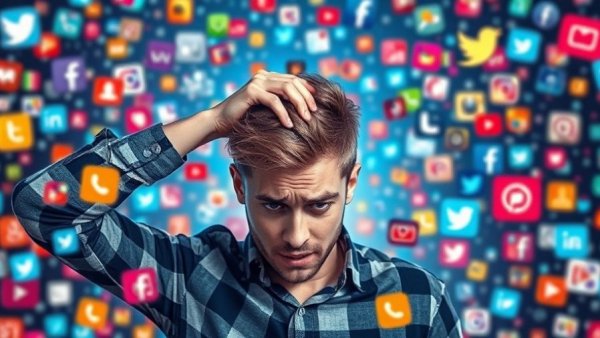 Man overwhelmed by social media chaos, depicting information overload.