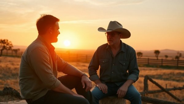 Landman Season 2 Episode 6 Recap: Two men conversing at sunset in rural setting.
