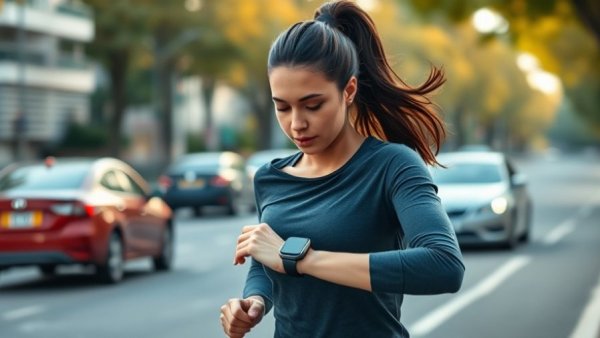 Young woman jogging while checking smartwatch on city road, Understanding VO2max.