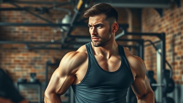 Muscular man preparing to exercise in gritty gym to build muscle faster.