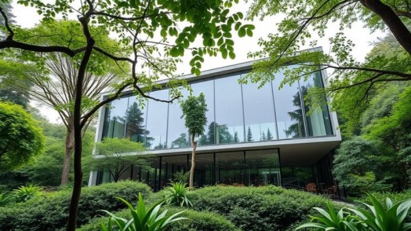 Modern architectural building in a lush green setting, ideal for creating comfortable and efficient remote workspaces.