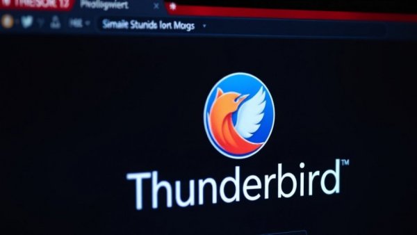 Close-up view of Thunderbird email logo on a dark screen.