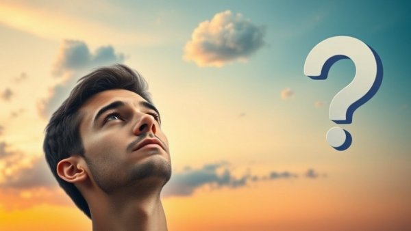 Finding peace in uncertainty: man under question mark.
