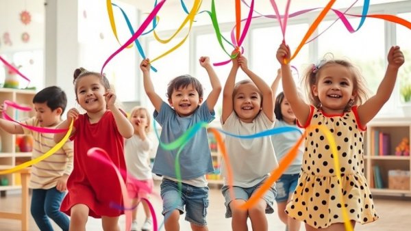 Children enjoying a vibrant activity with streamers indoors.