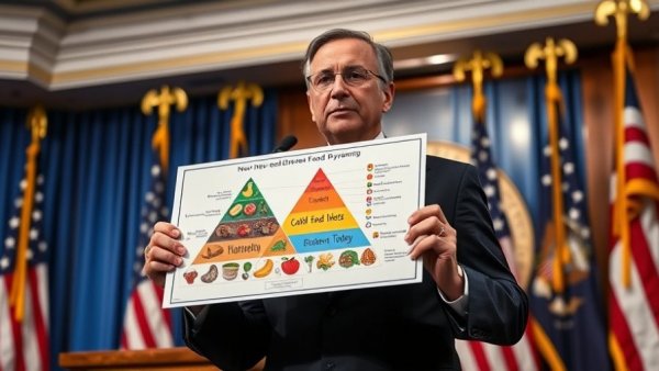 Government official presents new food pyramid dietary guidelines at formal event.