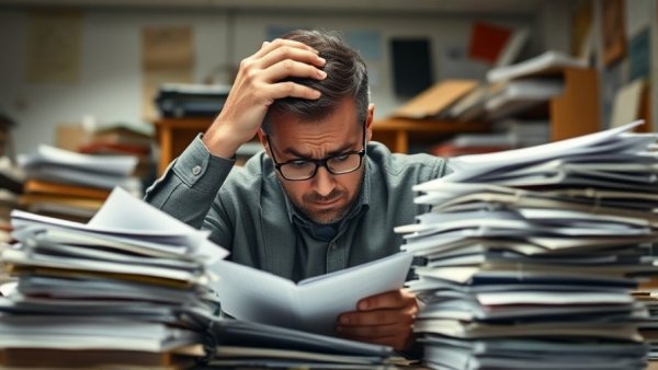 Overwhelmed businessman with piles of paperwork, feeling frustrated.