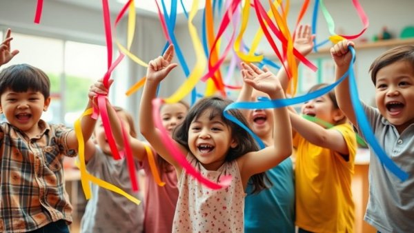 Children playing with colorful streamers in bright classroom.