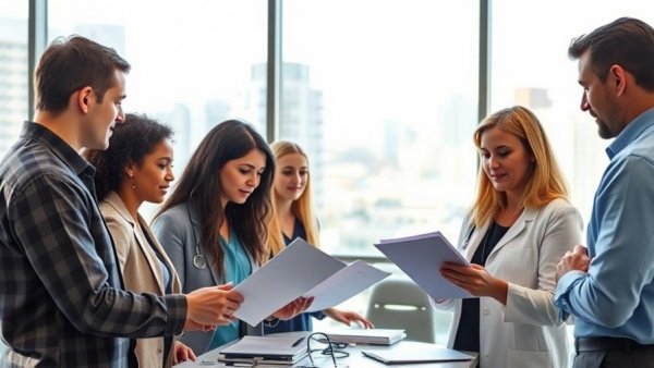 Healthcare professionals discussing change management strategies in a modern office.