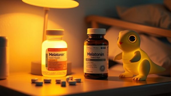 Nightstand with melatonin bottle and pills beside a night light.