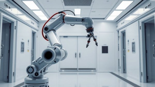 Industrial robot arm in sterile room for robotics technology.