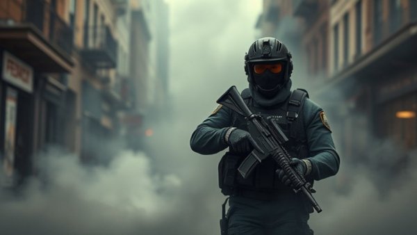 Federal agents in foggy Minneapolis scene during standoff.