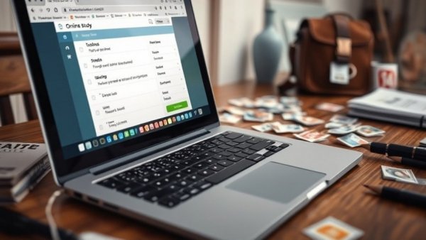 Laptop showing online Gemini study tool with items on table.