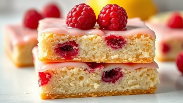 Raspberry lemon bars with pink glaze for a delicious recipe.