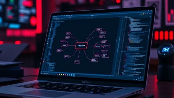 Modern coding diagram on a laptop showing a mindmap and code interface.